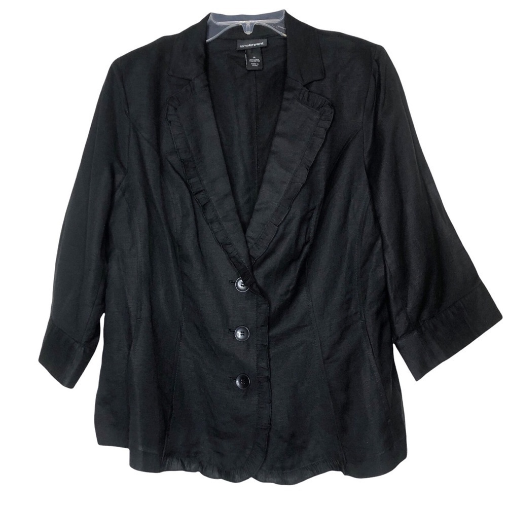 𝅺lane BRYANT - Linen Blend Black Button Front Blazer Ruffle Trim - Size 14